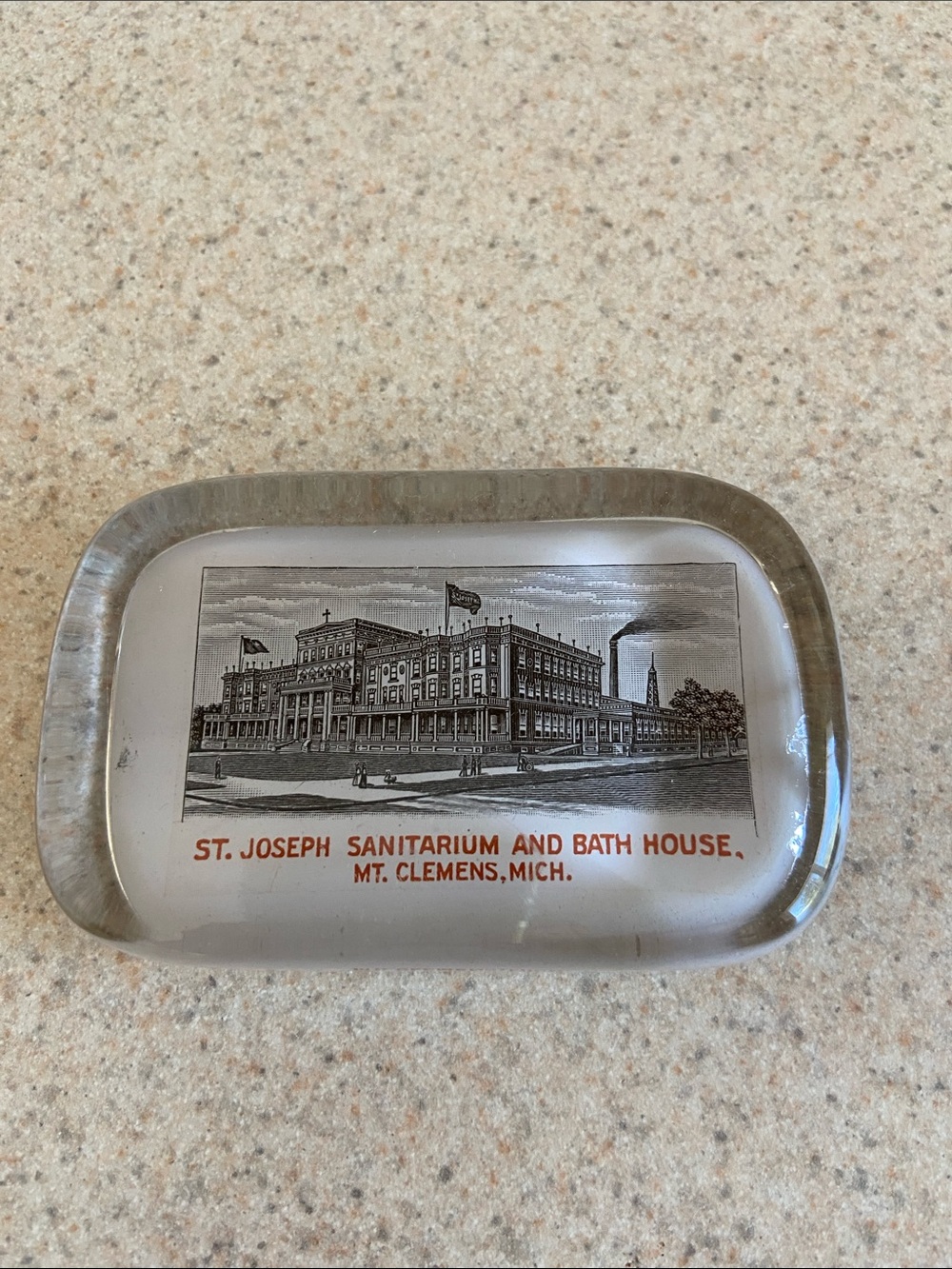 Vintage Glass Paperweight St Joseph Sanitarium Bath House Mt Clemens MI
